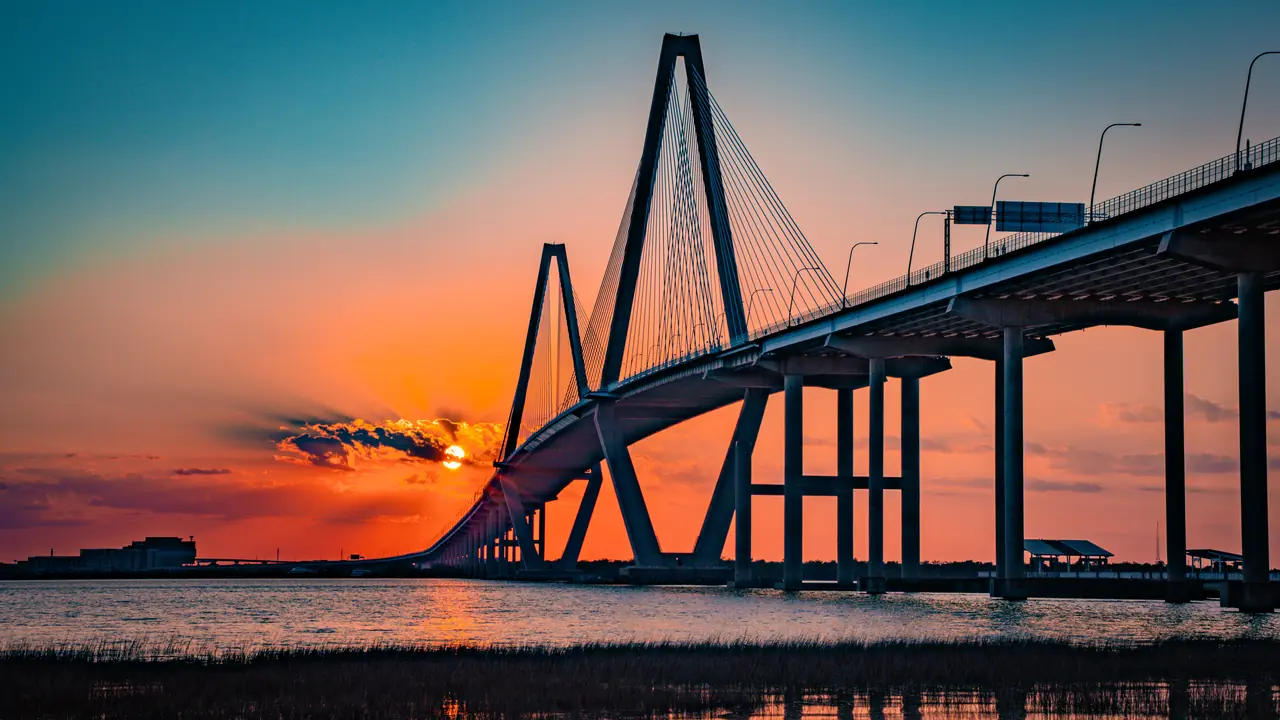 The Ravenel Bridge at sunset over the Cooper River, Charleston, SC